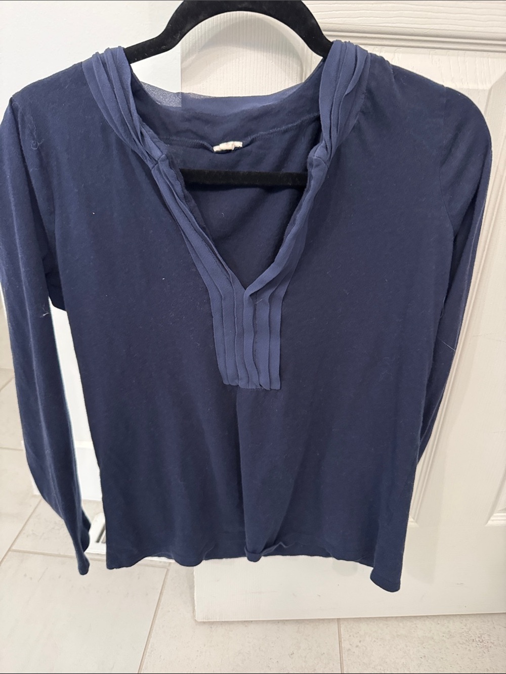 J. Crew Deep Navy Long-Sleeve V-Neck Top with Pleated Trim
